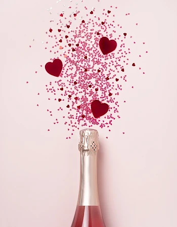 A bottle of pink sparkling wine bursts open, releasing a shower of red hearts and confetti-like specks that float upward in a festive burst.